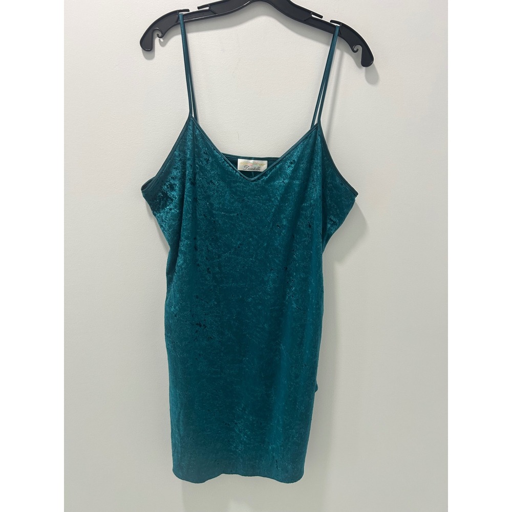 Dentelle Teal Crushed Velvet Slip Dress V-Neck Spaghetti Strap Mini Sleeveless